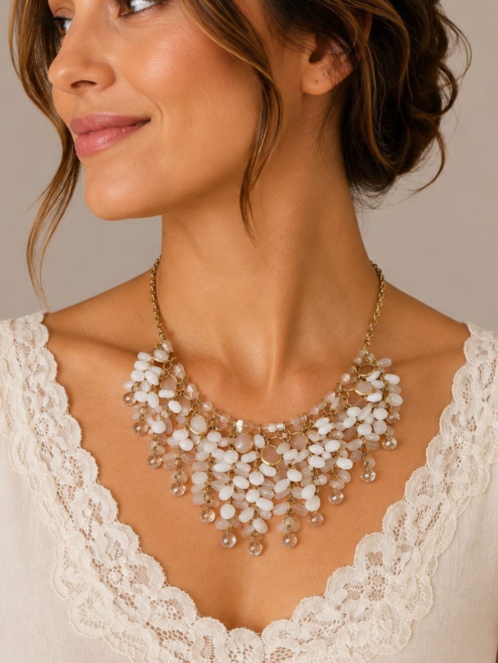 Vintage Gold-Tone White Acrylic Beaded Fringe Statement Bib Necklace